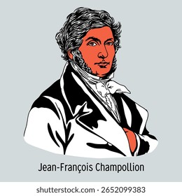 Jean-François Champollion foi um orientalista francês e fundador da egiptologia. Sua decifração dos hieróglifos egípcios tornou possível lê-los. Ilustração de vetor desenhada à mão