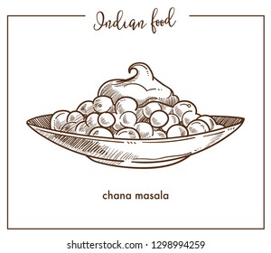 Chana masala on big plate from traditional Indian food. Exotic dish based on chickpeas with thick hot gravy. Snack or street food isolated cartoon monochrome vector illustration on white background.