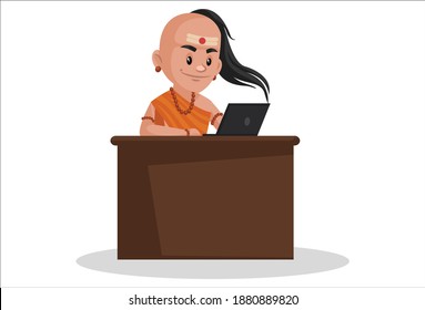 Chanakya is working on a laptop. Vector graphic illustration. Individually on a white background.