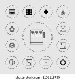 Chance icon. collection of 13 chance filled and outline icons such as 1 casino chip, slot machine, casino chip and money, dice. editable chance icons for web and mobile.