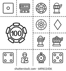 Chance icon. set of 13 outline chance icons such as diamonds, slot machine, 25 casino chip, 100 casino chip, dice, roulette