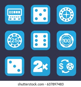 Chance icon. set of 9 filled chance icons such as roulette, casino chip and money, 25 casino chip, dice