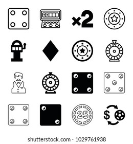 Chance icons. set of 16 editable filled and outline chance icons such as casino chip and money, casino chip, roulette, slot machine, dice, slot machine