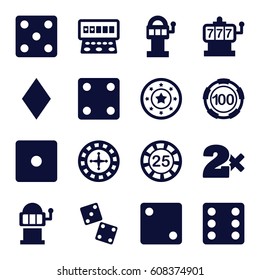 Chance icons set. set of 16 chance filled icons such as Diamonds, Roulette, Slot machine, Casino chip, Dice, Casino bet, dice