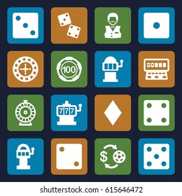 Chance icons set. set of 16 chance filled icons such as Diamonds, Roulette, Slot machine, Casino chip and money, 100 casino chip, Dice, Casino boy, dice