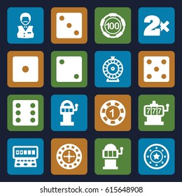 Chance icons set. set of 16 chance filled icons such as Roulette, Slot machine, Casino chip, Dice, Casino bet, Casino boy