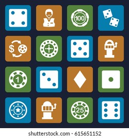 Chance icons set. set of 16 chance filled icons such as Diamonds, Roulette, Casino chip and money, Dice, Casino boy, Slot machine, dice