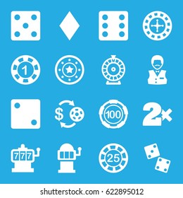 Chance icons set. set of 16 chance filled icons such as Diamonds, Roulette, Slot machine, Casino chip and money, Dice, Casino bet, Casino boy