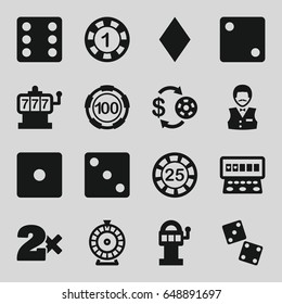 Chance icons set. set of 16 chance filled icons such as diamonds, slot machine, casino chip and money, 1 casino chip, dice, roulette, dice