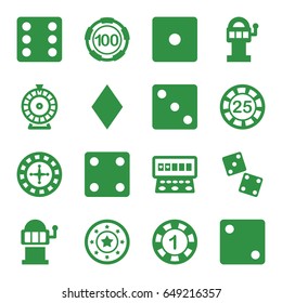 Chance icons set. set of 16 chance filled icons such as diamonds, roulette, 1 casino chip, 25 casino chip, dice, slot machine, dice