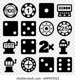Chance icons set. set of 16 chance filled icons such as roulette, slot machine, 1 casino chip, 25 casino chip, dice