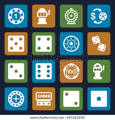 Chance icons set. set of 16 chance filled icons such as roulette, casino chip and money, 1 casino chip, dice, slot machine, dice