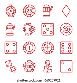 Chance icons set. set of 16 chance outline icons such as diamonds, roulette, casino chip and money, 1 casino chip, dice, slot machine, dice