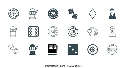 Chance icons. set of 18 editable filled and outline chance icons: dice, slot machine, dice, diamonds, roulette, 25 casino chip, casino chip