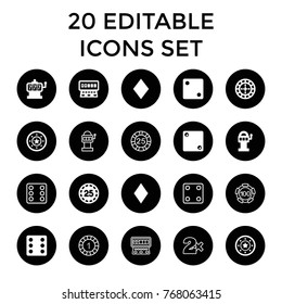 Chance icons. set of 20 editable filled and outline chance icons such as diamonds, slot machine, casino chip, dice, slot machine, 1 casino chip