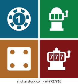 Chance icons set. set of 4 chance filled icons such as slot machine, 1 casino chip