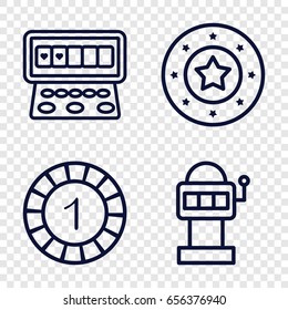 Chance icons set. set of 4 chance outline icons such as 1 casino chip, casino chip, slot machine