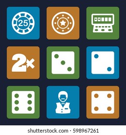 chance icons set. Set of 9 chance filled icons such as Casino chip, Dice, Casino bet, Casino boy