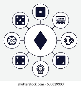Chance icons set. set of 9 chance filled icons such as diamonds, casino chip and money, 100 casino chip, dice, roulette