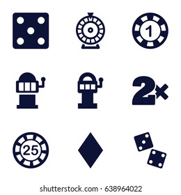 Chance icons set. set of 9 chance filled icons such as diamonds, 1 casino chip, 25 casino chip, dice, casino bet, roulette, slot machine, dice