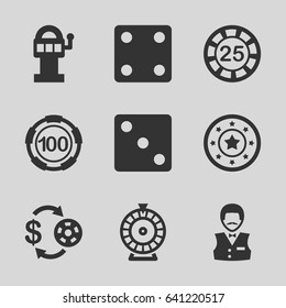 Chance icons set. set of 9 chance filled icons such as casino chip and money 