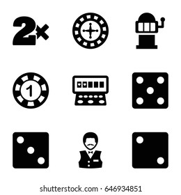 Chance icons set. set of 9 chance filled icons such as roulette, 1 casino chip, dice, casino bet, casino boy