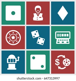 Chance icons set. set of 9 chance filled icons such as diamonds, casino chip and money, casino chip, dice, casino boy, slot machine