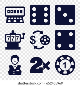 Chance icons set. set of 9 chance filled icons such as slot machine, casino chip and money, 1 casino chip