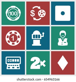Chance icons set. set of 9 chance filled icons such as diamonds, casino chip and money, 1 casino chip, dice