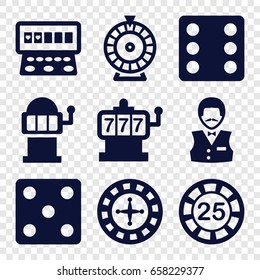Chance icons set. set of 9 chance filled icons such as roulette, slot machine, 25 casino chip, dice