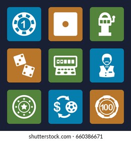 Chance icons set. set of 9 chance filled icons such as casino chip and money, 1 casino chip, dice, slot machine, dice