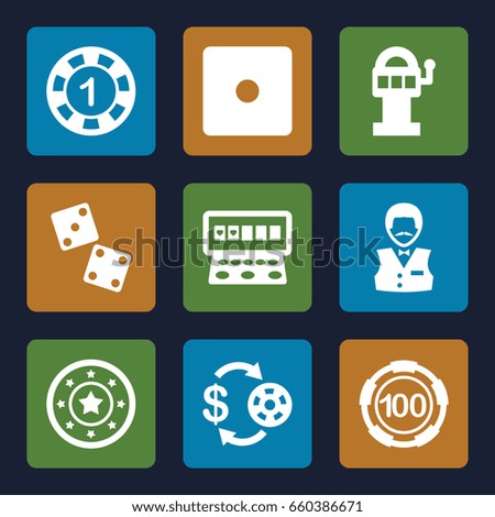 Chance icons set. set of 9 chance filled icons such as casino chip and money, 1 casino chip, dice, slot machine, dice