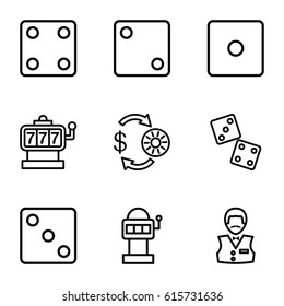 Chance icons set. set of 9 chance outline icons such as Slot machine, Casino chip and money, Dice, Casino boy, dice