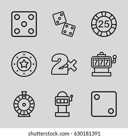 Chance icons set. set of 9 chance outline icons such as slot machine, 25 casino chip, casino chip, dice, casino bet, roulette, dice