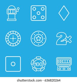 Chance icons set. set of 9 chance outline icons such as diamonds, roulette, 100 casino chip, casino chip, dice, casino bet
