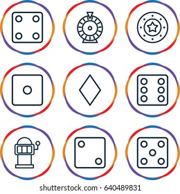 Chance icons set. set of 9 chance outline icons such as diamonds, casino chip, dice, roulette