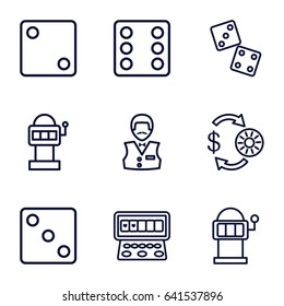Chance icons set. set of 9 chance outline icons such as casino chip and money, dice, casino boy, slot machine, dice