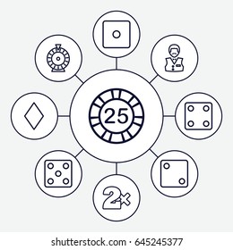 Chance icons set. set of 9 chance outline icons such as diamonds, 25 casino chip, dice, casino bet, roulette