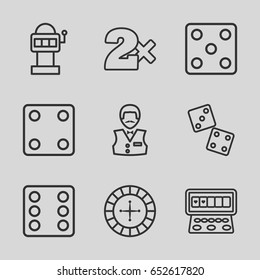Chance icons set. set of 9 chance outline icons such as roulette, dice, casino bet, casino boy, slot machine, dice