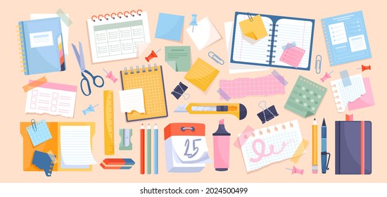 Chancellery set with notes and paper stationery for memos writing and reminders. Collection of office worksheets and business appointment reminders on papers. Flat cartoon vector illustration