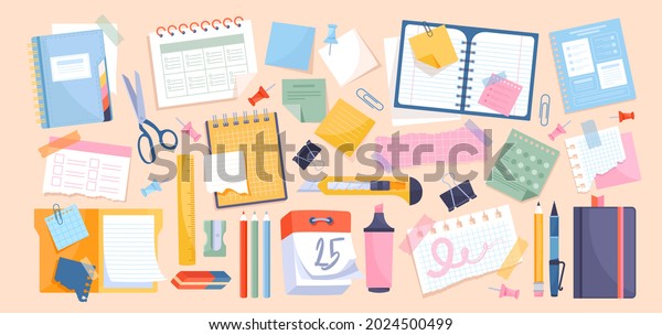 Chancellery set with notes and paper\
stationery for memos writing and reminders. Collection of office\
worksheets and business appointment reminders on papers. Flat\
cartoon vector\
illustration