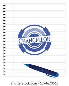 Chancellor blue ink pen emblem. Vector Illustration. Detailed.