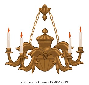 Chandelier with burning candles and ornaments, isolated vintage lamp hanging on chains. Candlelight on candelabra, light and illumination of space with retro antique means. Vector in flat style