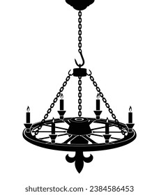 Chandelier with candle made from wagon wheel, hanging from a chain, vector illustration