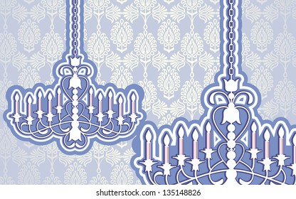 chandelier with damask wallpaper