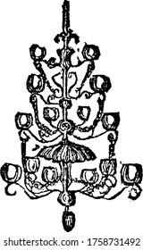 A Chandelier designed to hold number of lights, vintage line drawing or engraving illustration.