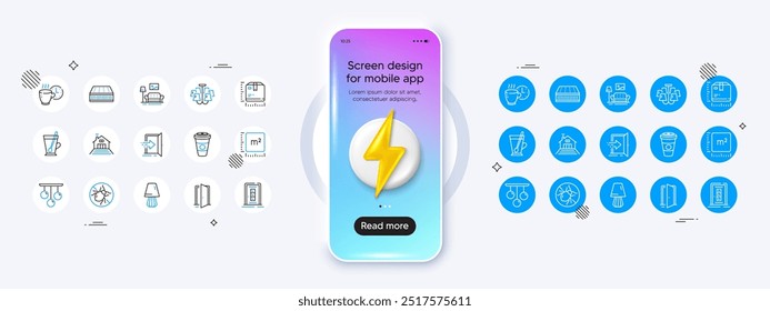 Chandelier, Entrance and Coffee break line icons. Phone mockup with 3d energy icon. Pack of Mattress, Door, Package size icon. Square meter, Open door, Table lamp pictogram. Vector