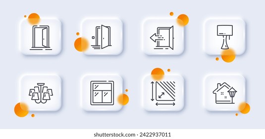 Kronleuchter-, Einfahrts- und Türmarkensymbole. 3D-Glasknöpfe mit unscharfen Kreisen. Dreiecksbereich, Straßenbeleuchtung, Fenstersymbol. Offene Tür, Piktogramm für Tischlampen. Für Web-App, Drucken. Vektorgrafik