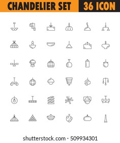 Chandelier flat icon set. Collection of high quality outline pictograms of elements for home interior. Vector line illustration of chandelier for web design, mobile app. Button, symbol for design logo