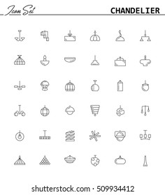 Chandelier flat icon set. Collection of high quality outline pictograms of elements for home interior. Vector line illustration of chandelier for web design, mobile app. Button, symbol for design logo
